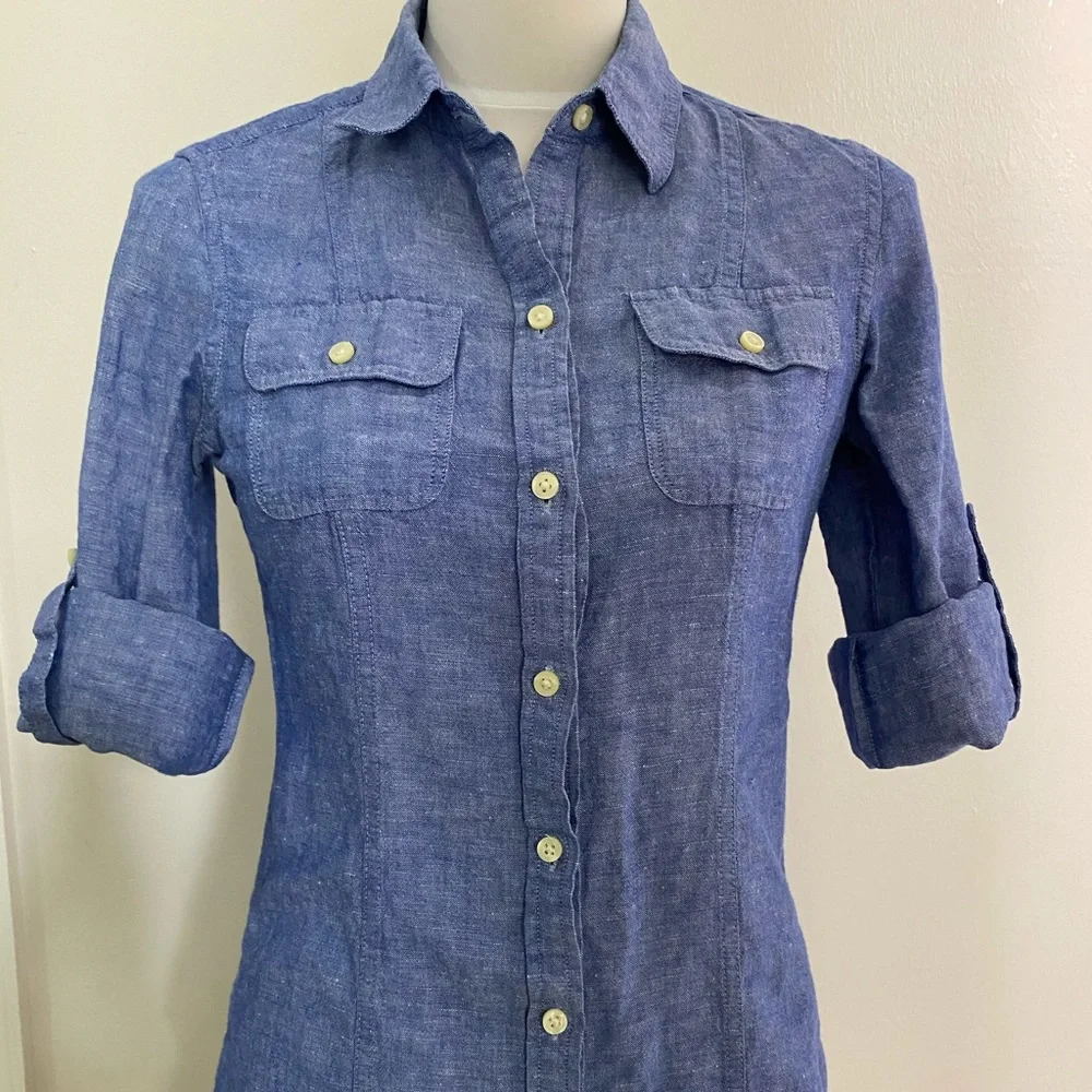 Women’s Banana Republic Blue Linen Shirt Sz 0 - Picture 1 of 5